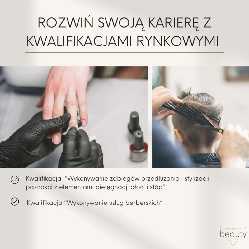 Mężczyzna podczas strzyżenia włosów i kobieta podczas stylizacji paznokci