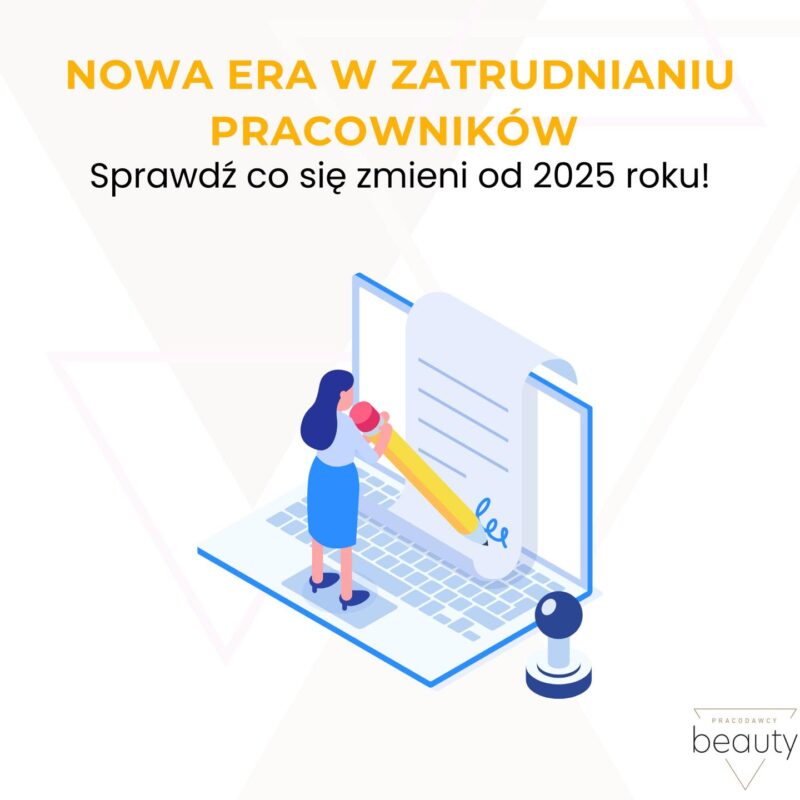 Wektorowa grafika z nagłówkiem u góry, kobietą stojącą przy laptopie z dużym ołówkiem i pieczęcią obok laptopa