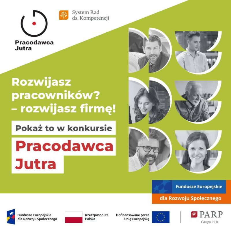 Grafika z zielonym tłem, czarno-białymi twarzami, nagłówkiem i logotypami na dole